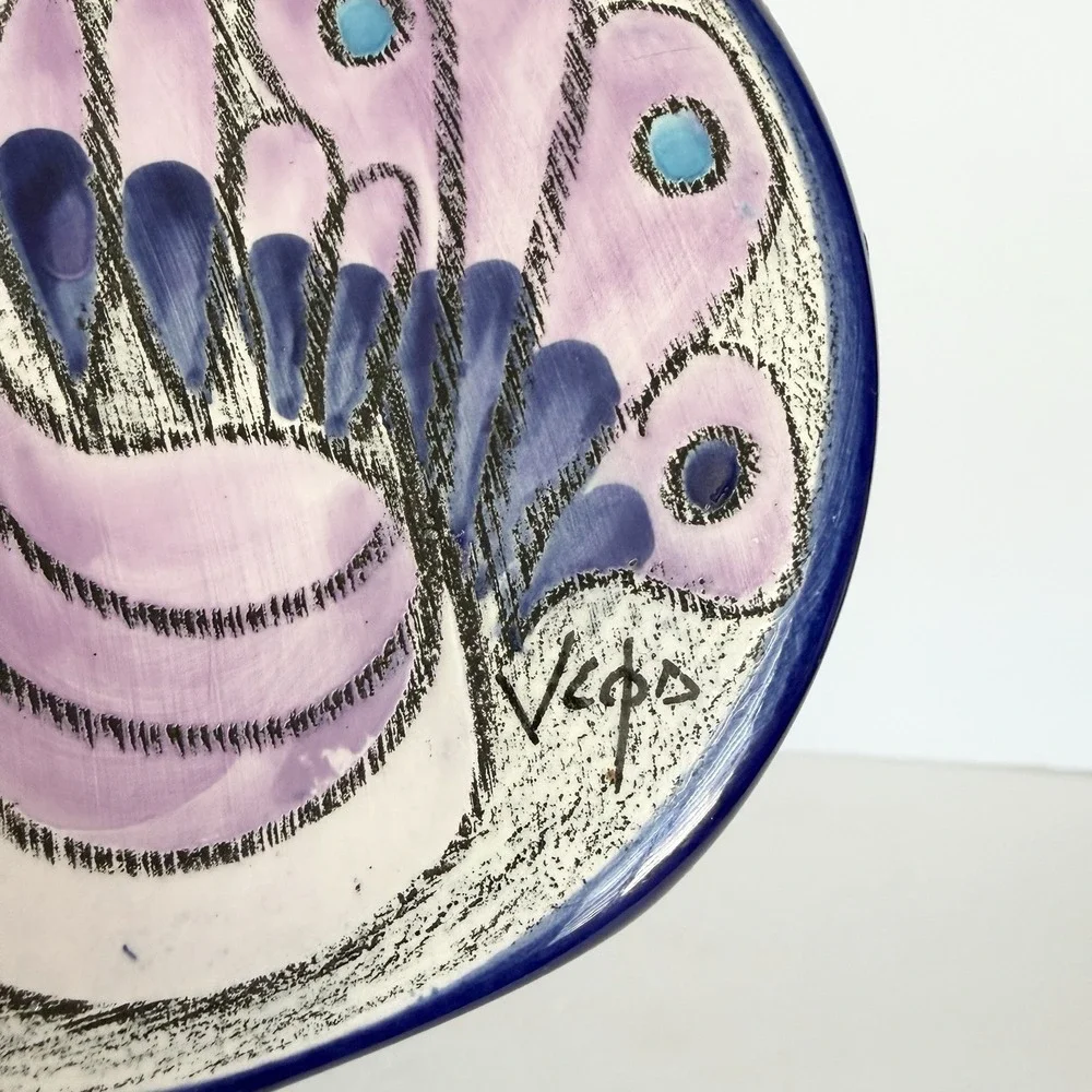 Vtg Signed Eduardo Vega Pottery Vase Ecuador Peacock MCM Blue Pink 5